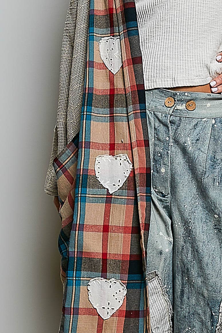 Plaid Textured Lace Heart Patch Woven Open Front Coat