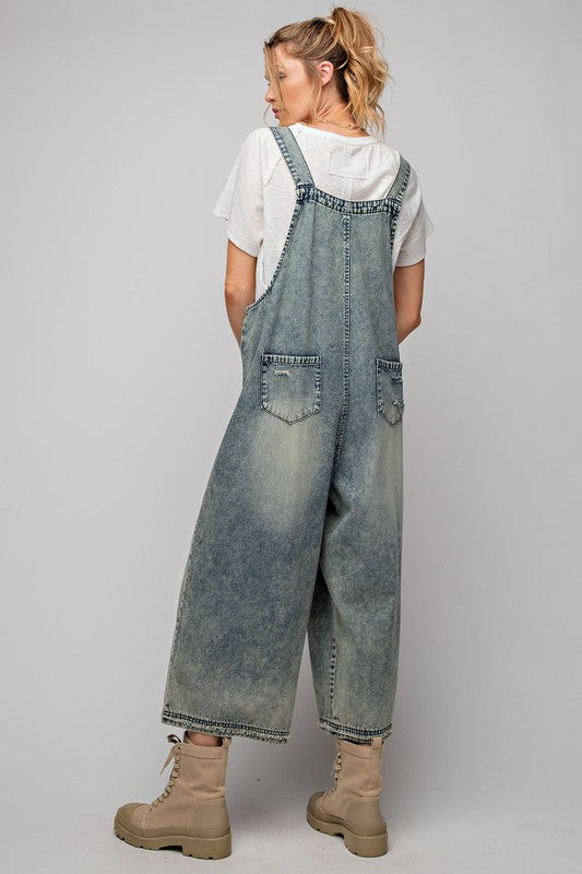 Washed denim overalls/jumpsuit