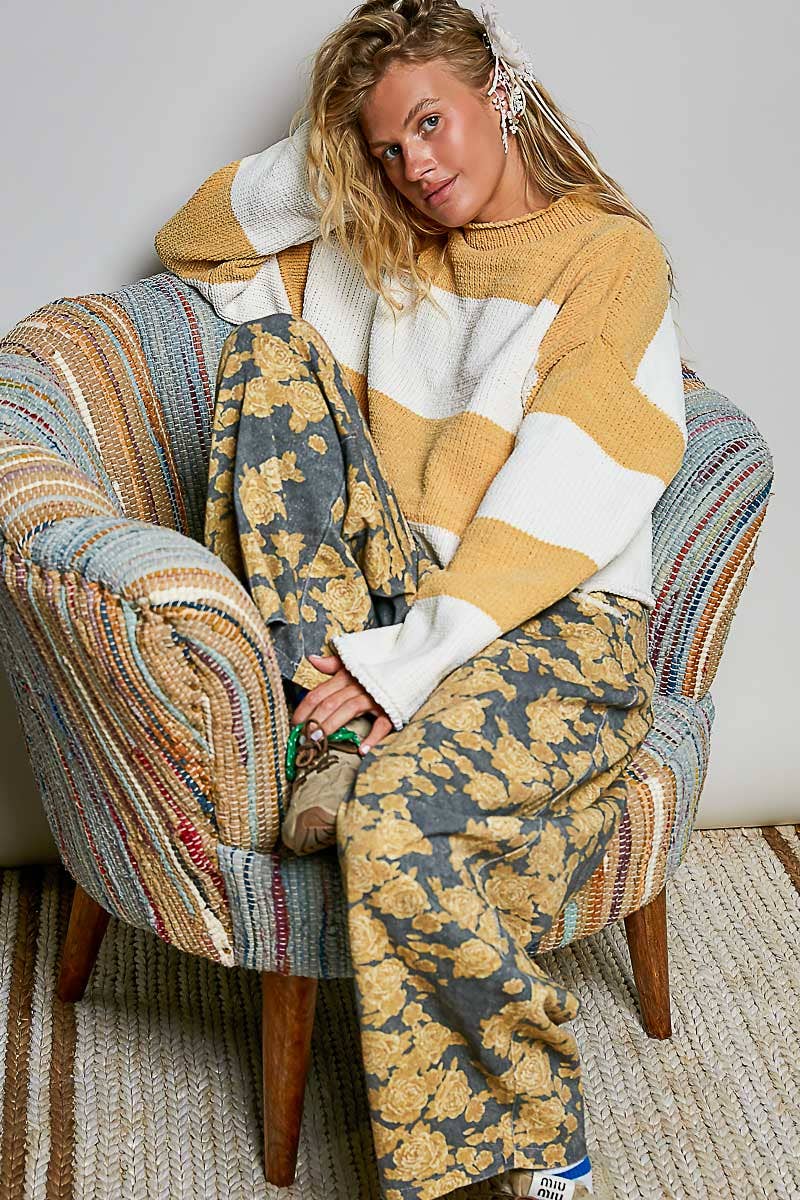Striped Pattern Chenille Sweater Long Sleeve Mock Neck Top