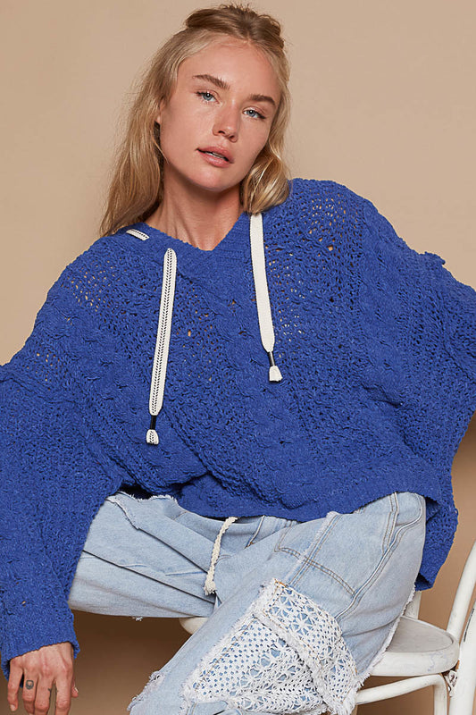 V-Neck Hooded Chenille Sweater