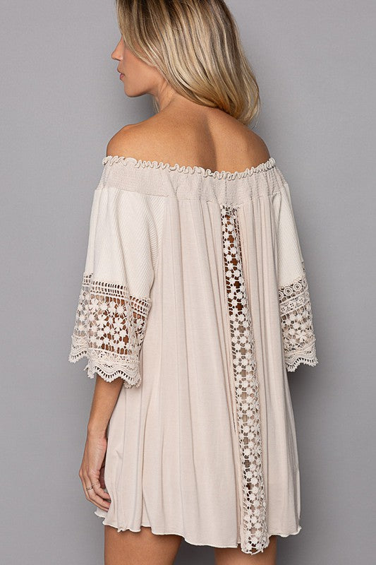 Crochet Detail off the shoulder {or not} tunic top- oatmeal