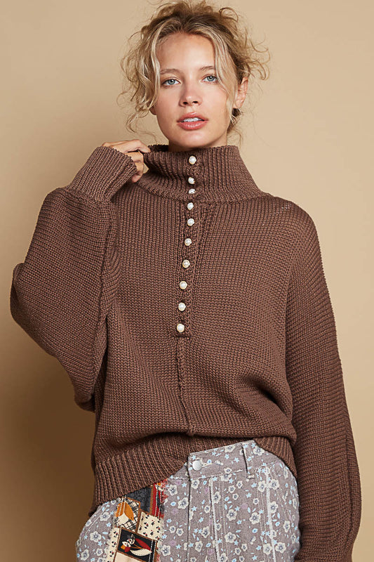 Mock-Neck Pearl Button Sweater