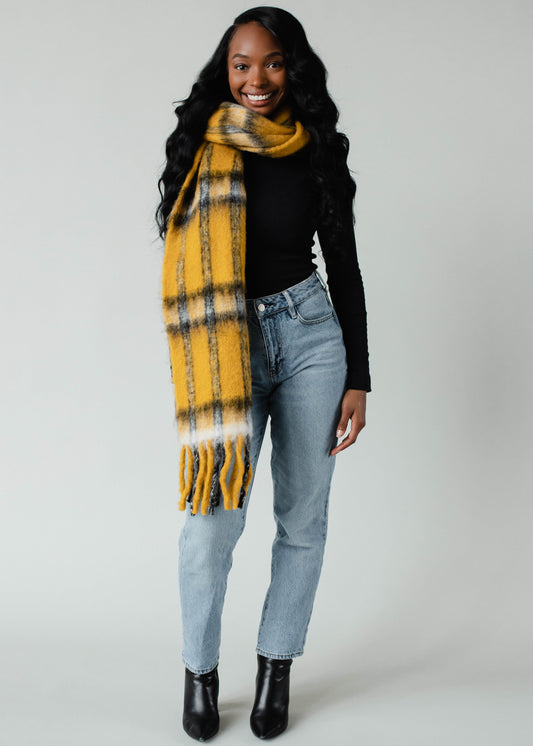 Mustard Plaid Long Scarf with Fringe