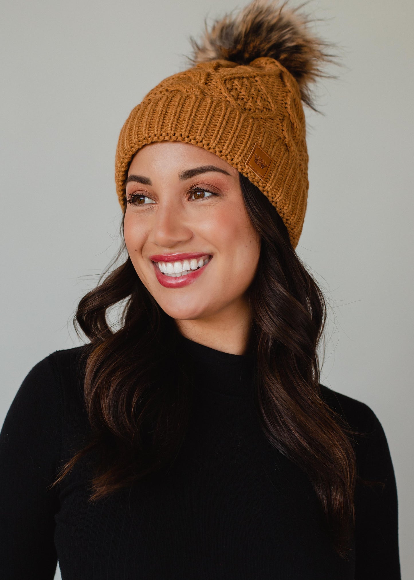 Camel Cable Knit Pom Hat
