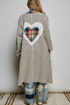 Plaid Textured Lace Heart Patch Woven Open Front Coat