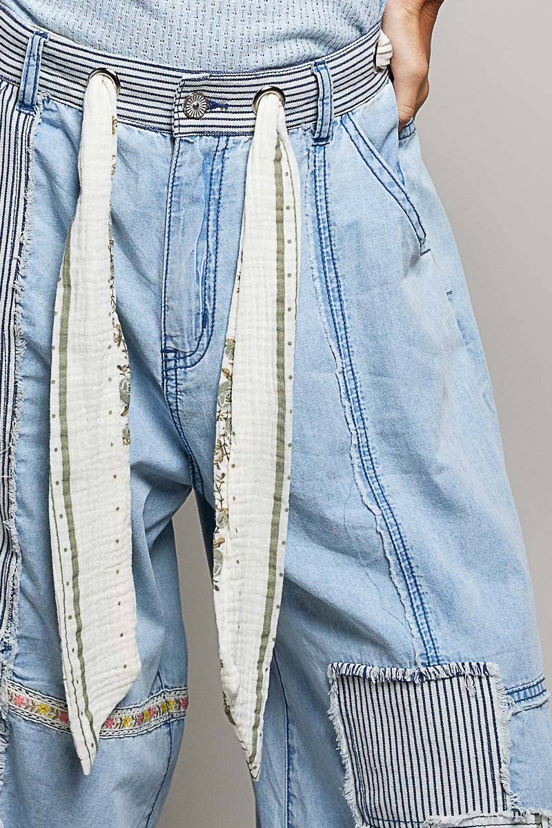 Stripe Patch High Rise Wide Leg Twill Pants