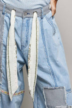 Stripe Patch High Rise Wide Leg Twill Pants
