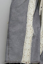 Solid Floral Metal Button Vintage Washing Laser Cut Pants