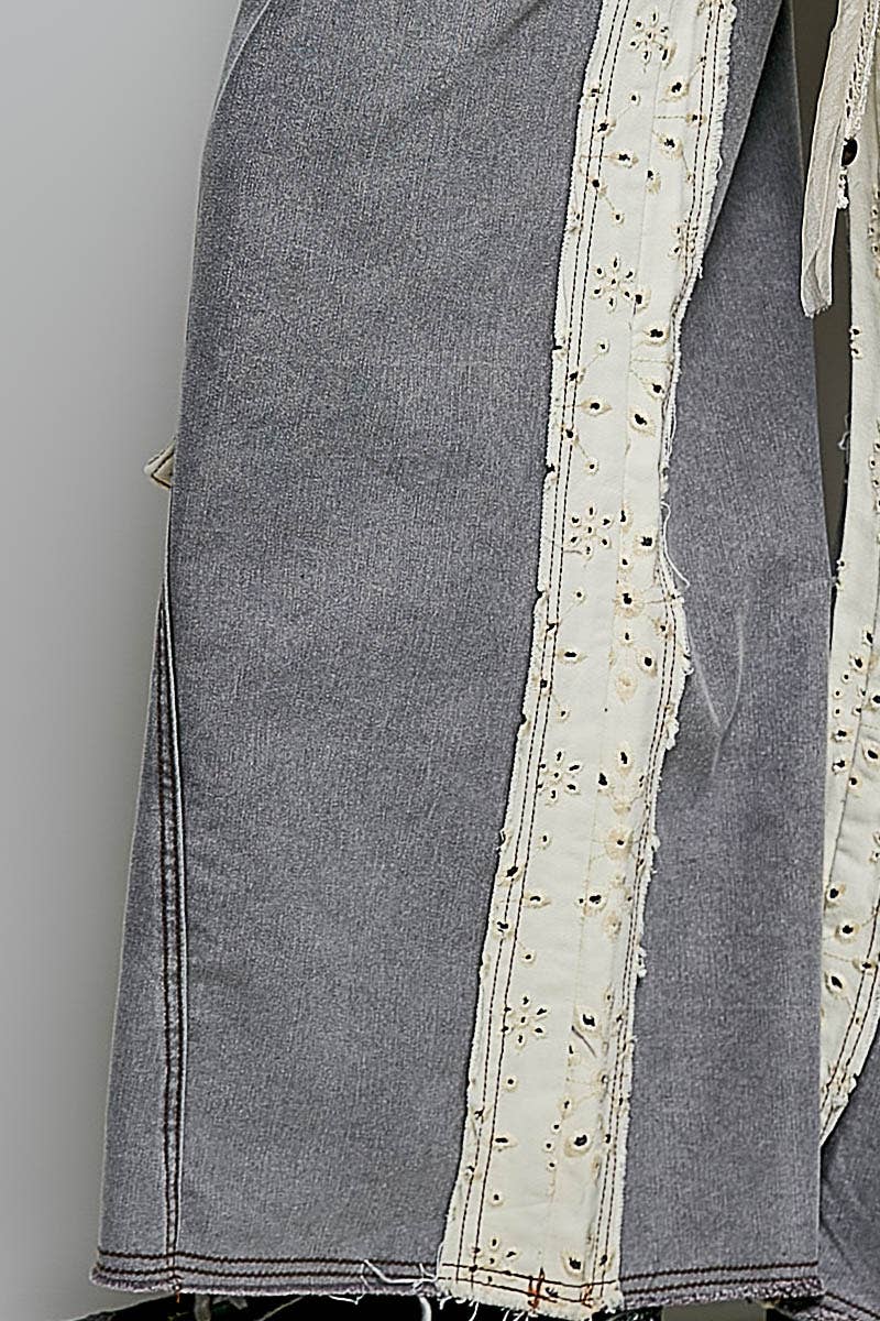 Solid Floral Metal Button Vintage Washing Laser Cut Pants