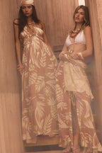 Tropical-Print Crepe Tie-Back Halter Pocket Maxi Dress