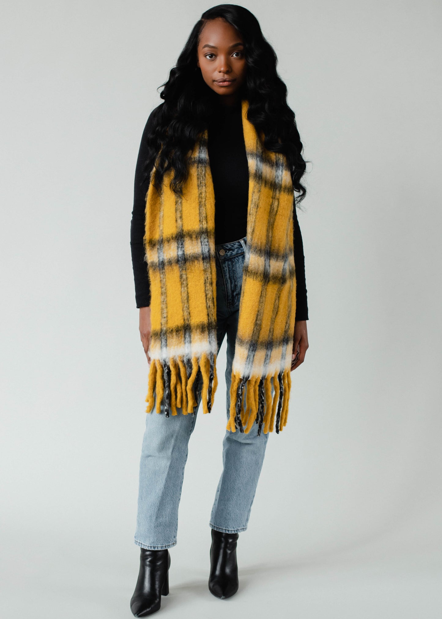Mustard Plaid Long Scarf with Fringe