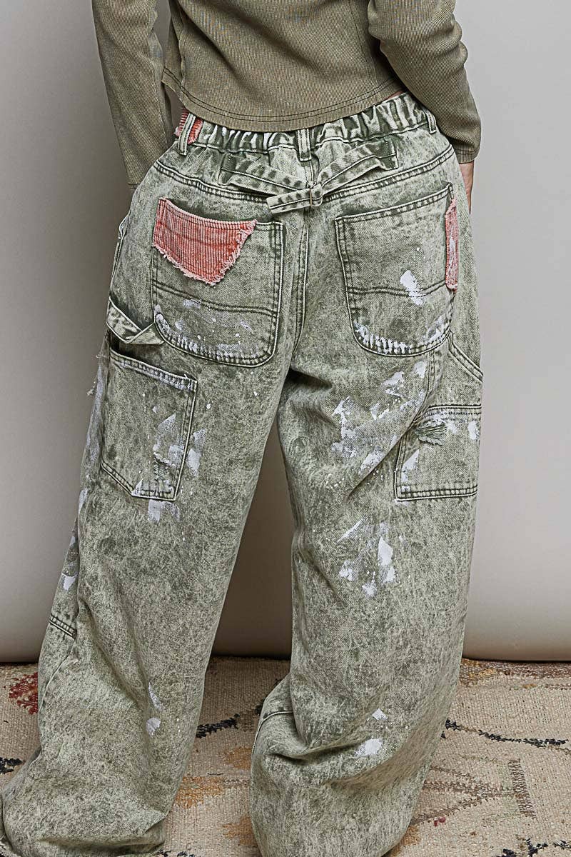 Raw-Edge Hem Back Waistband Woven Wide-Leg Carpenter Pants