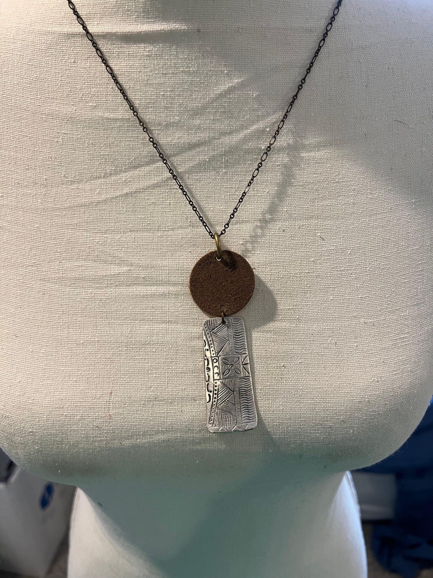 Native leather & stamped silver pendant necklace