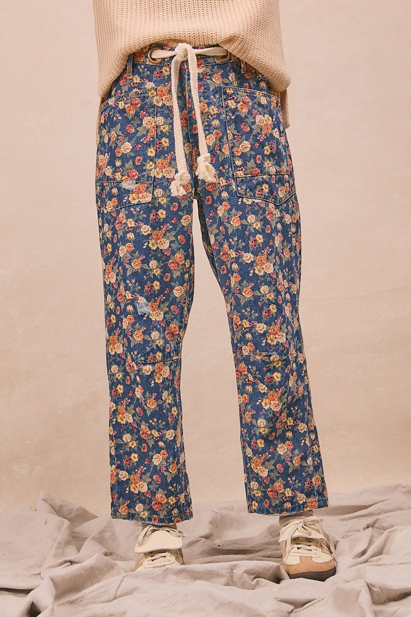 Mineral Washed Denim Ditsy Printed Braided Waist
