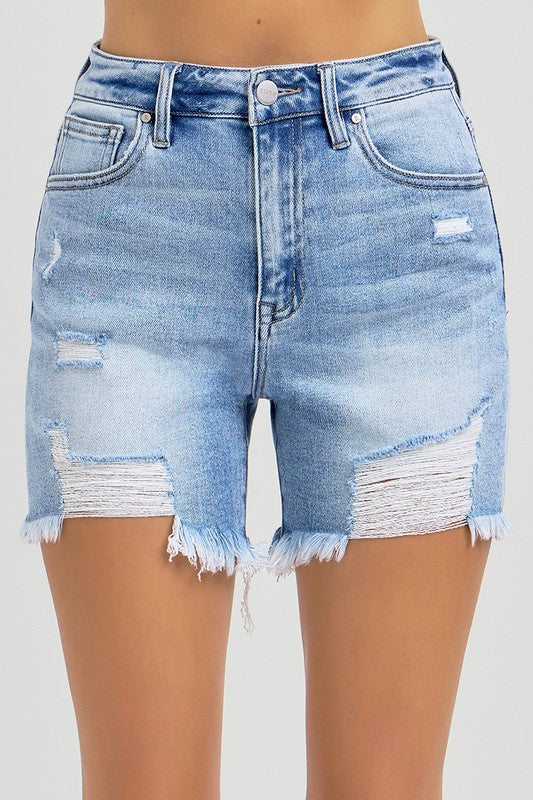 Risen High Rise Distressed Mid Thigh Shorts