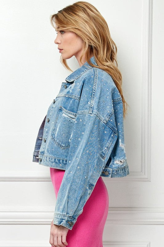 Rhinestone Cropped Denim Jacket