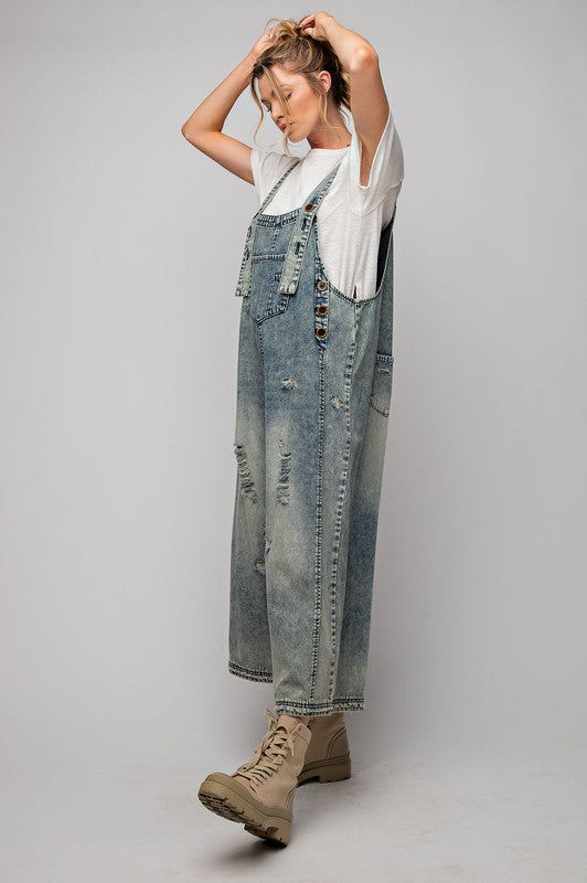 Washed denim overalls/jumpsuit