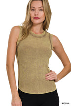 Washed Ribbed Scoop Neck Top -Mocha