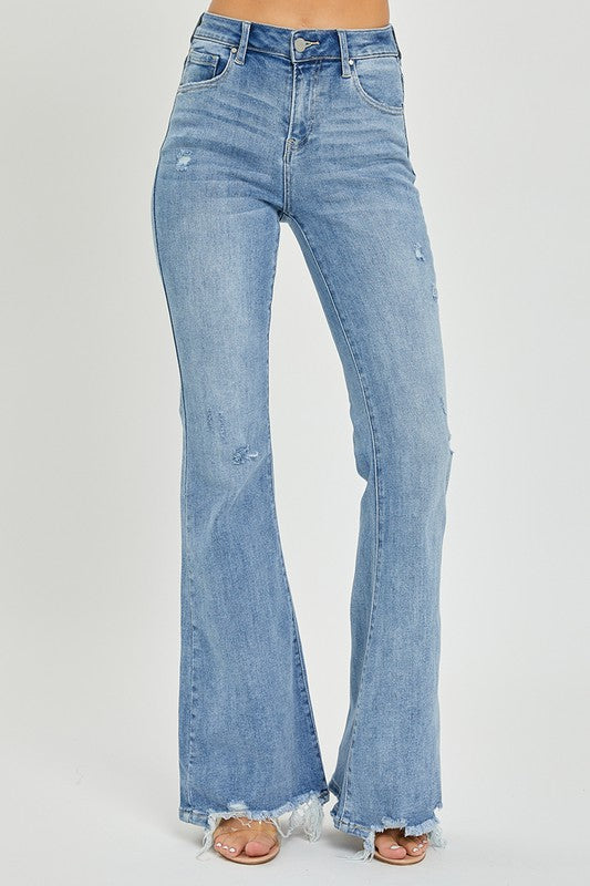 Risen High Rise Flare Distressed Denim