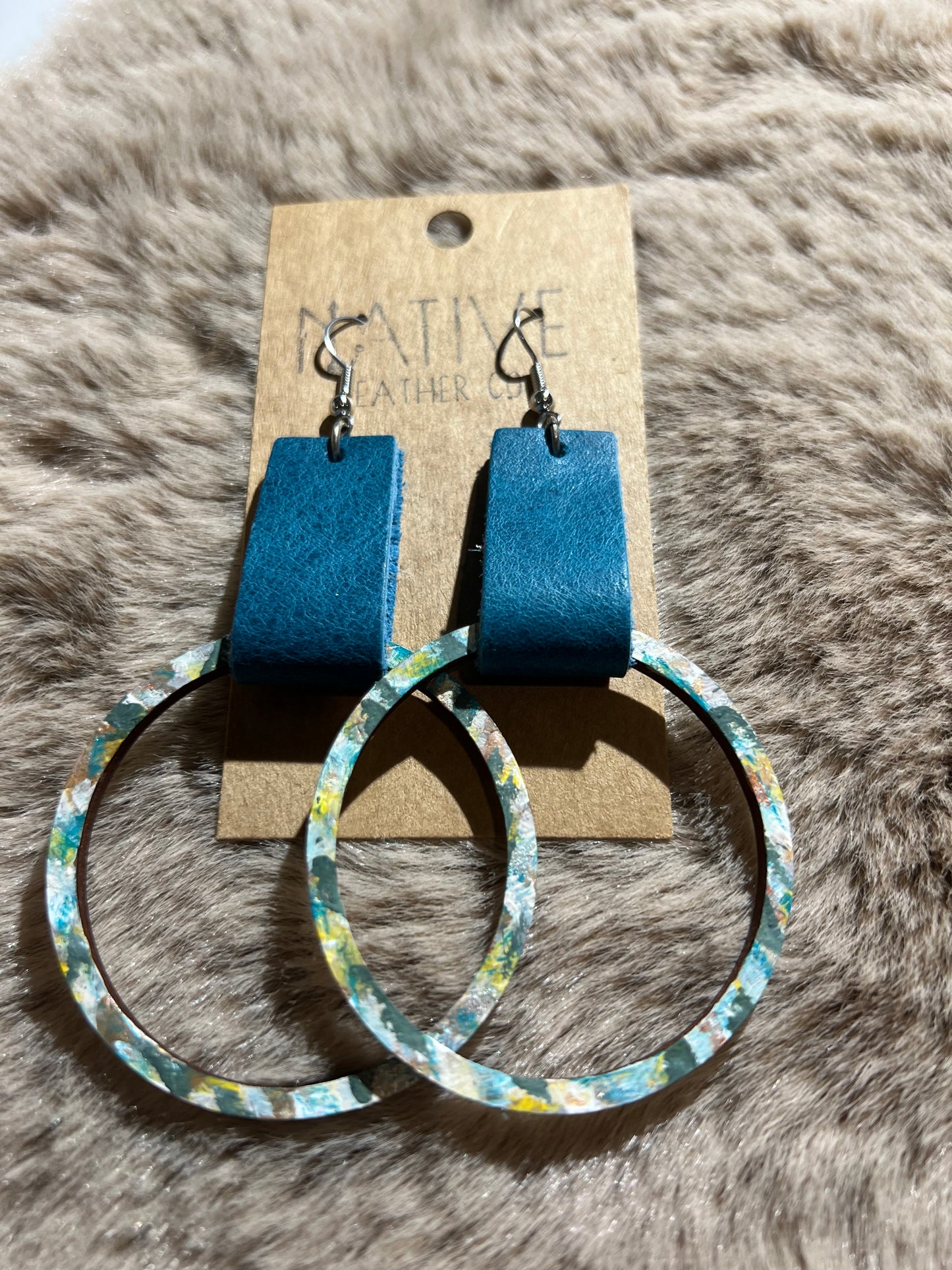 Native Leather Large Hand Painted Wood & leather tab earrings