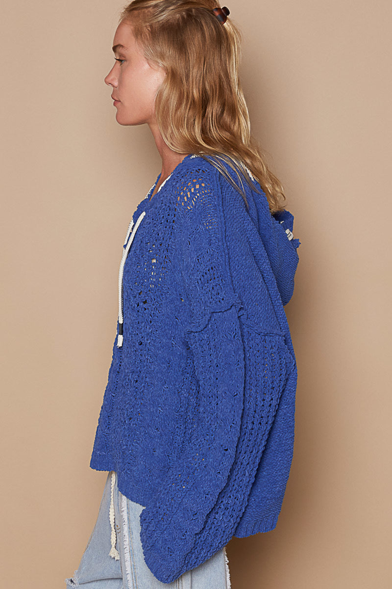 V-Neck Hooded Chenille Sweater