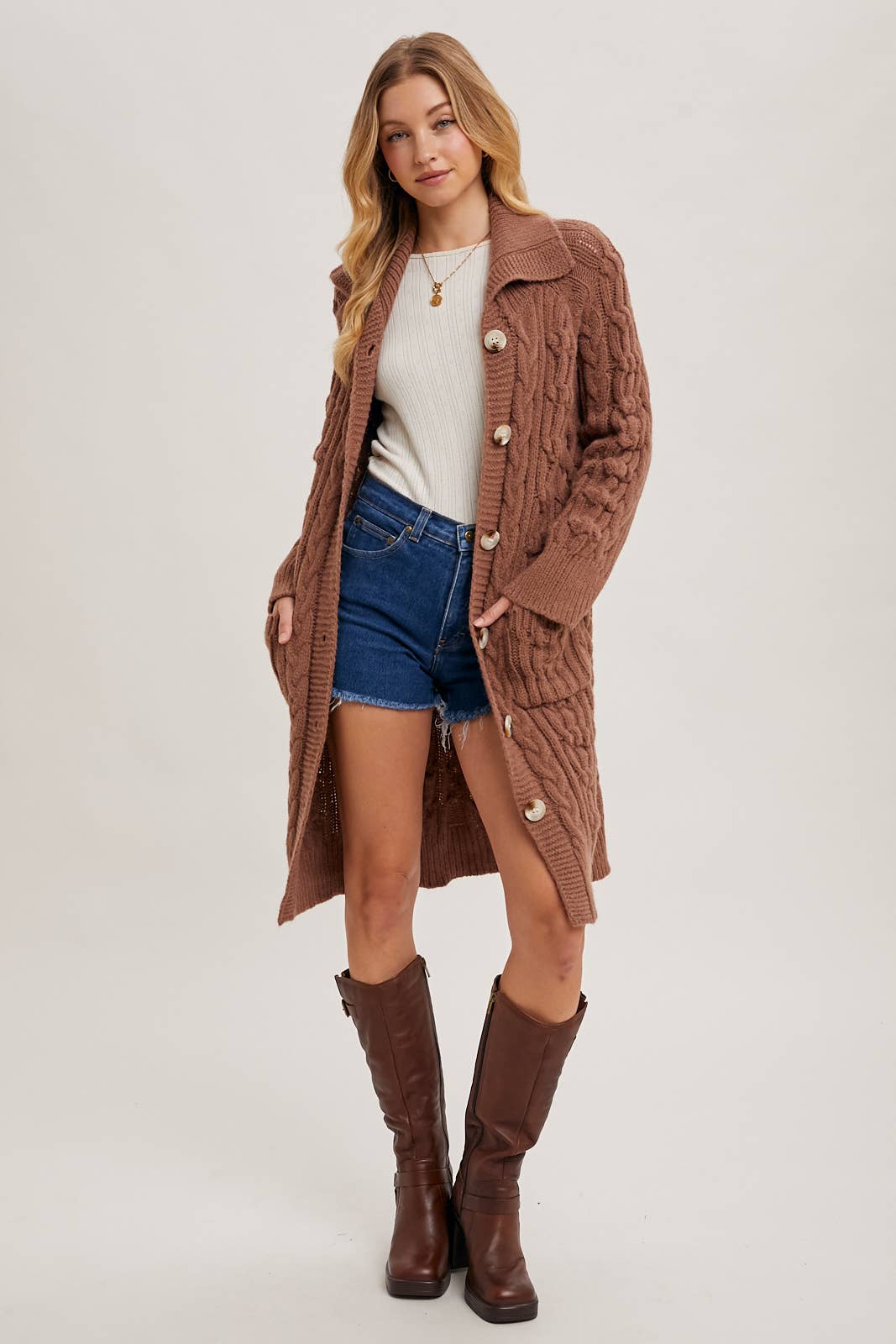 BUTTON DOWN CABLE KNIT SWEATER CARDIGAN