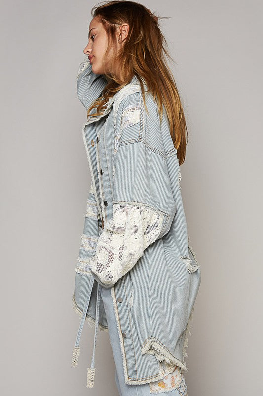 Oversized Distressed Crochet Patched Denim Jacket