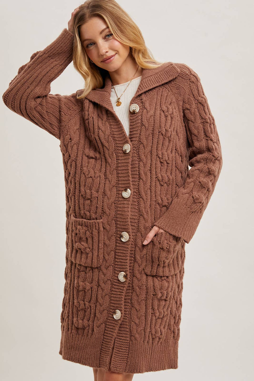 BUTTON DOWN CABLE KNIT SWEATER CARDIGAN