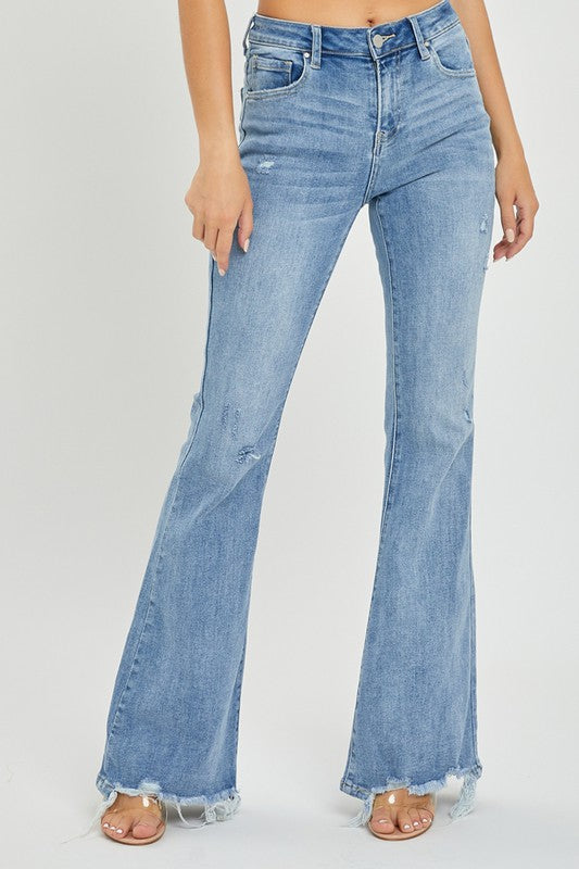 Risen High Rise Flare Distressed Denim