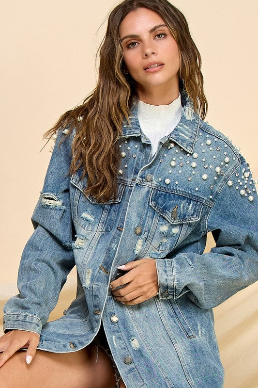 Pearl & Crystal Distressed Long Denim Jacket