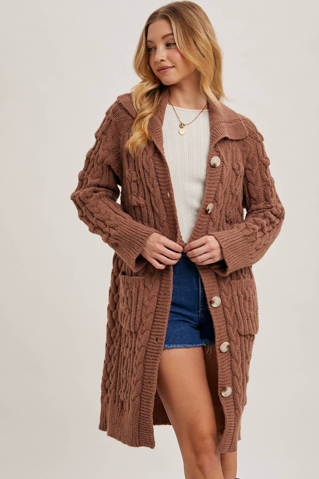 BUTTON DOWN CABLE KNIT SWEATER CARDIGAN