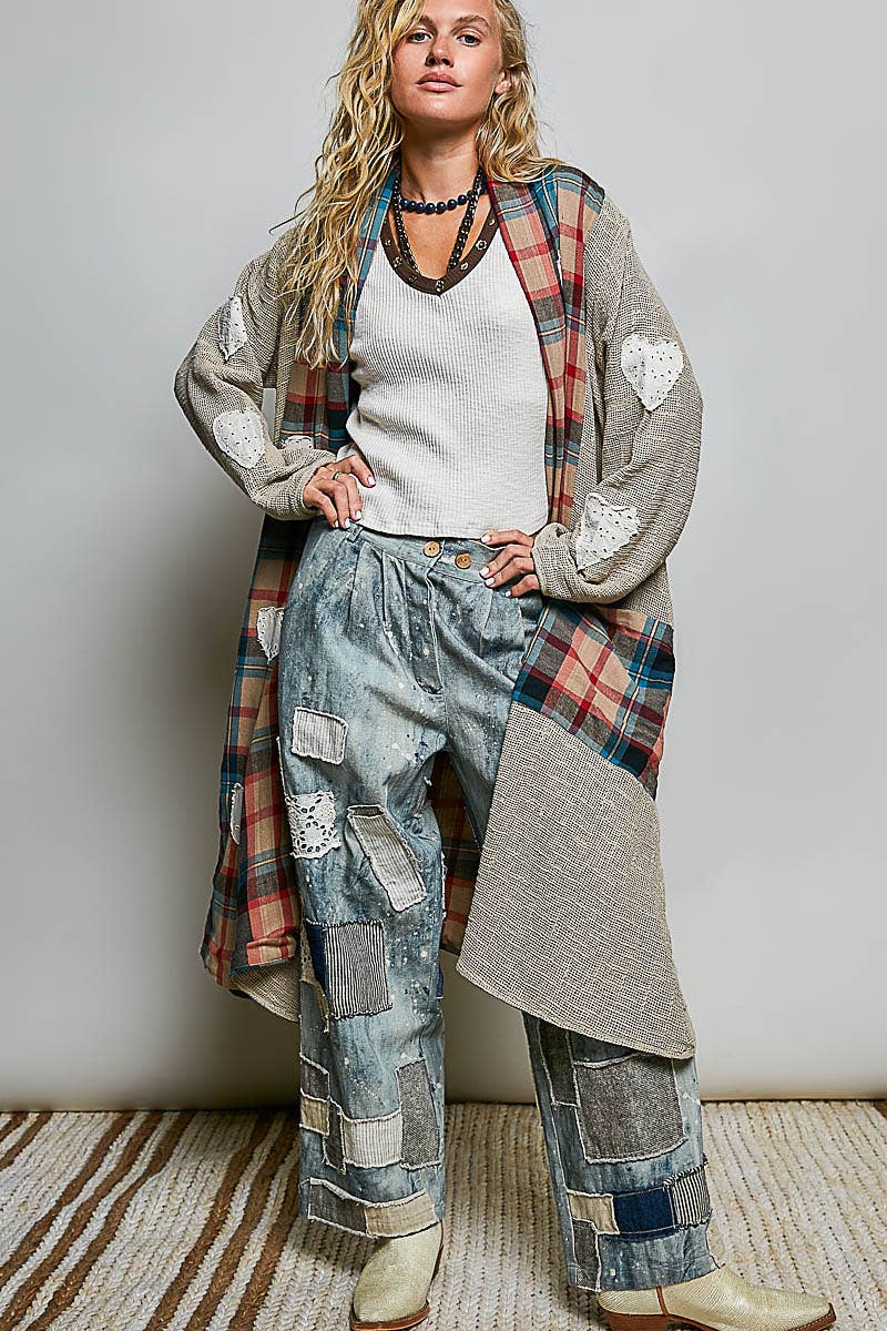 Plaid Textured Lace Heart Patch Woven Open Front Coat