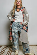 Plaid Textured Lace Heart Patch Woven Open Front Coat