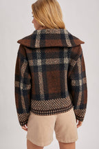 PLAID ZIPPER FRONT WIDE COLLAR FUZZY KNIT SWEATER JACKET