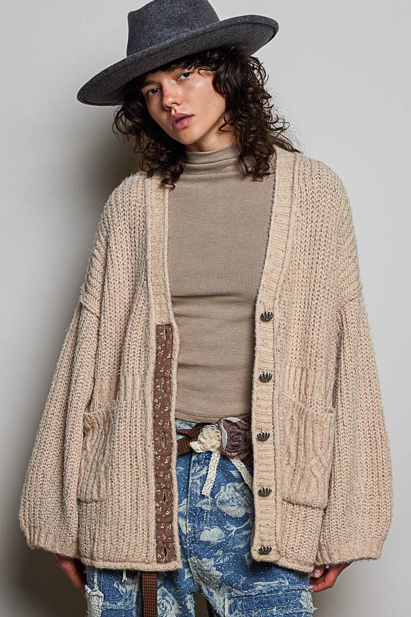 Floral Contrast Long Sleeve Deep V Neck Sweater Cardigan Top