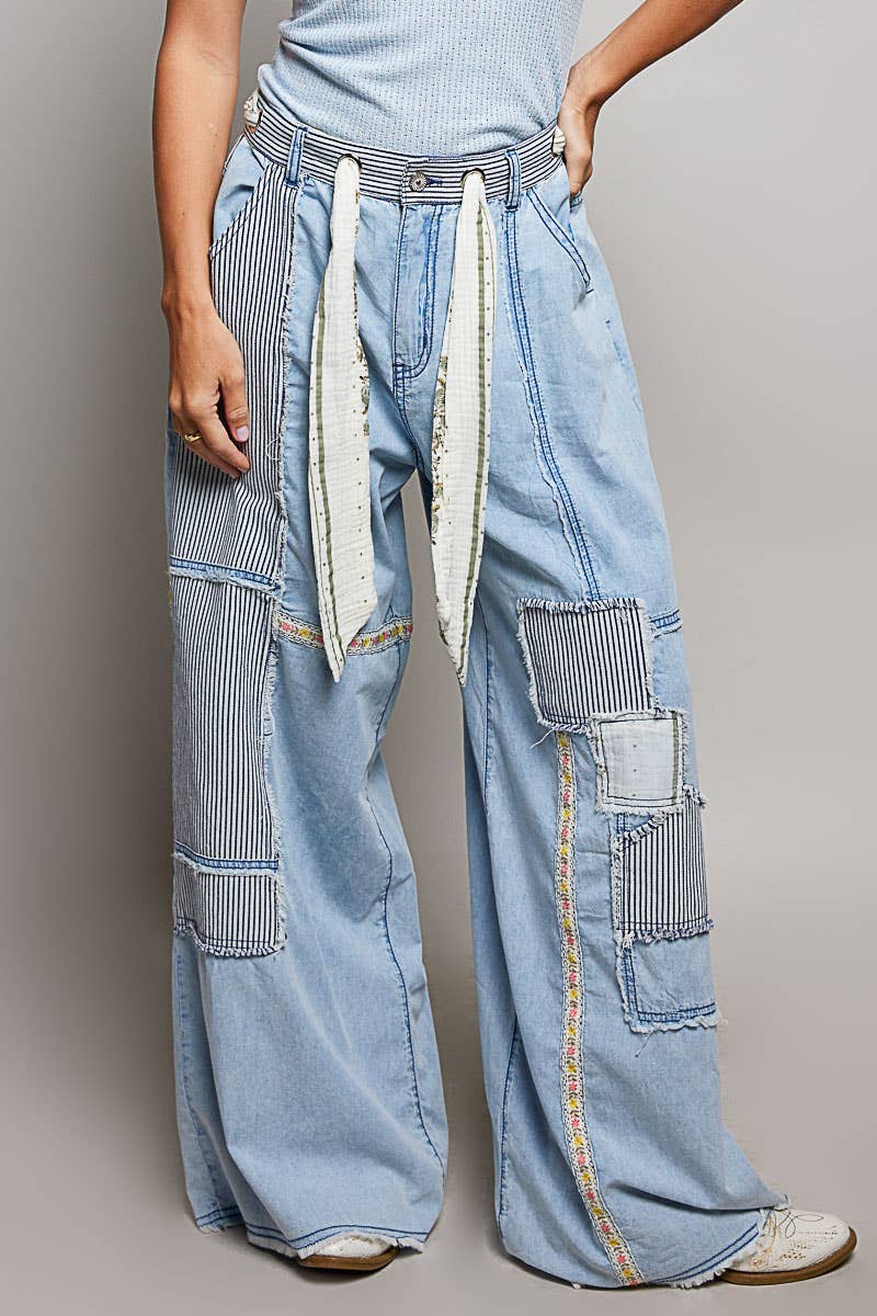 Stripe Patch High Rise Wide Leg Twill Pants