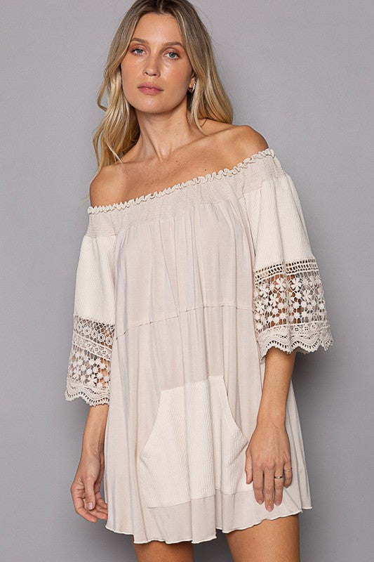 Crochet Detail off the shoulder {or not} tunic top- oatmeal