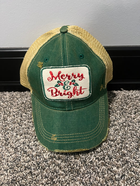 Merry & Bright patched distressed Snapback hat