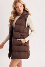 HOODED ZIPPER DOWN LONGLINE PUFFER VEST