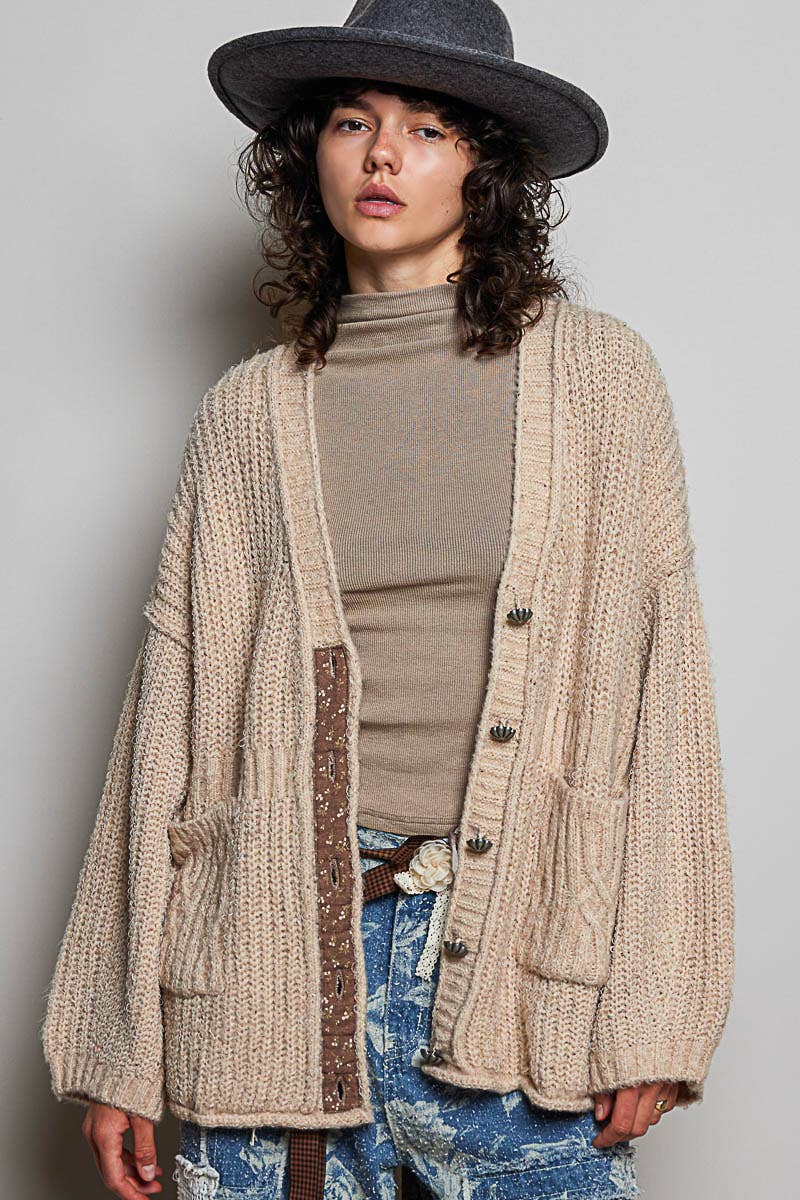 Floral Contrast Long Sleeve Deep V Neck Sweater Cardigan Top