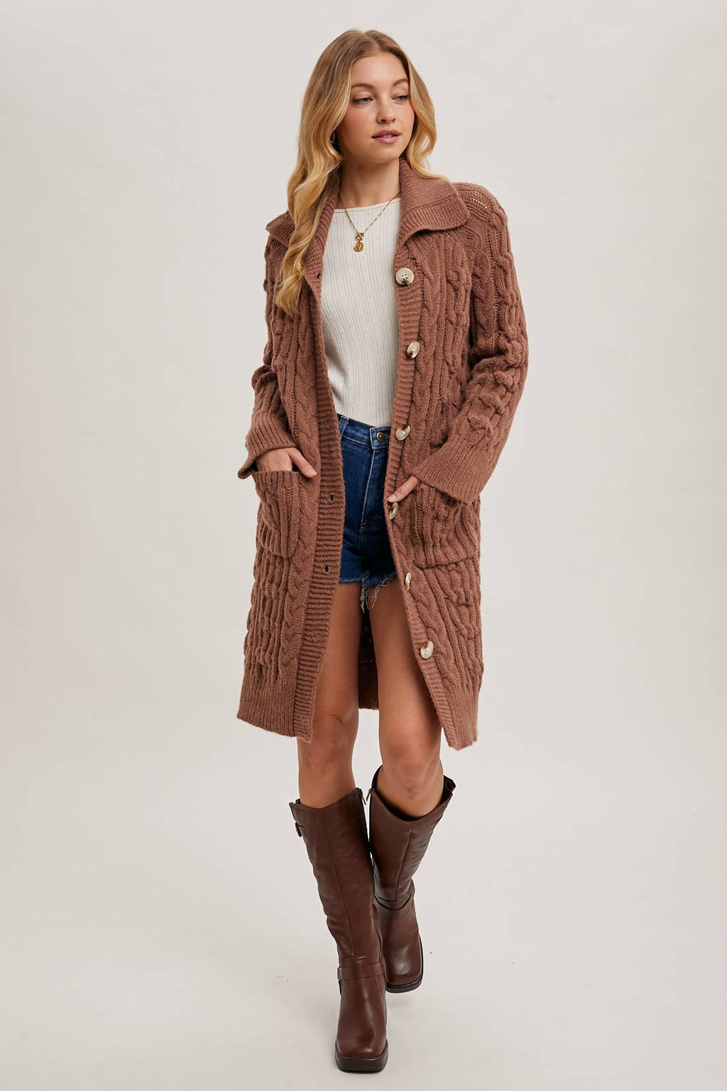 BUTTON DOWN CABLE KNIT SWEATER CARDIGAN