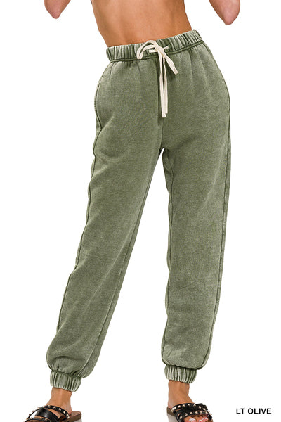 Acid wash fleece jogger sweatpants- light olive