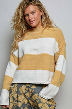 Striped Pattern Chenille Sweater Long Sleeve Mock Neck Top