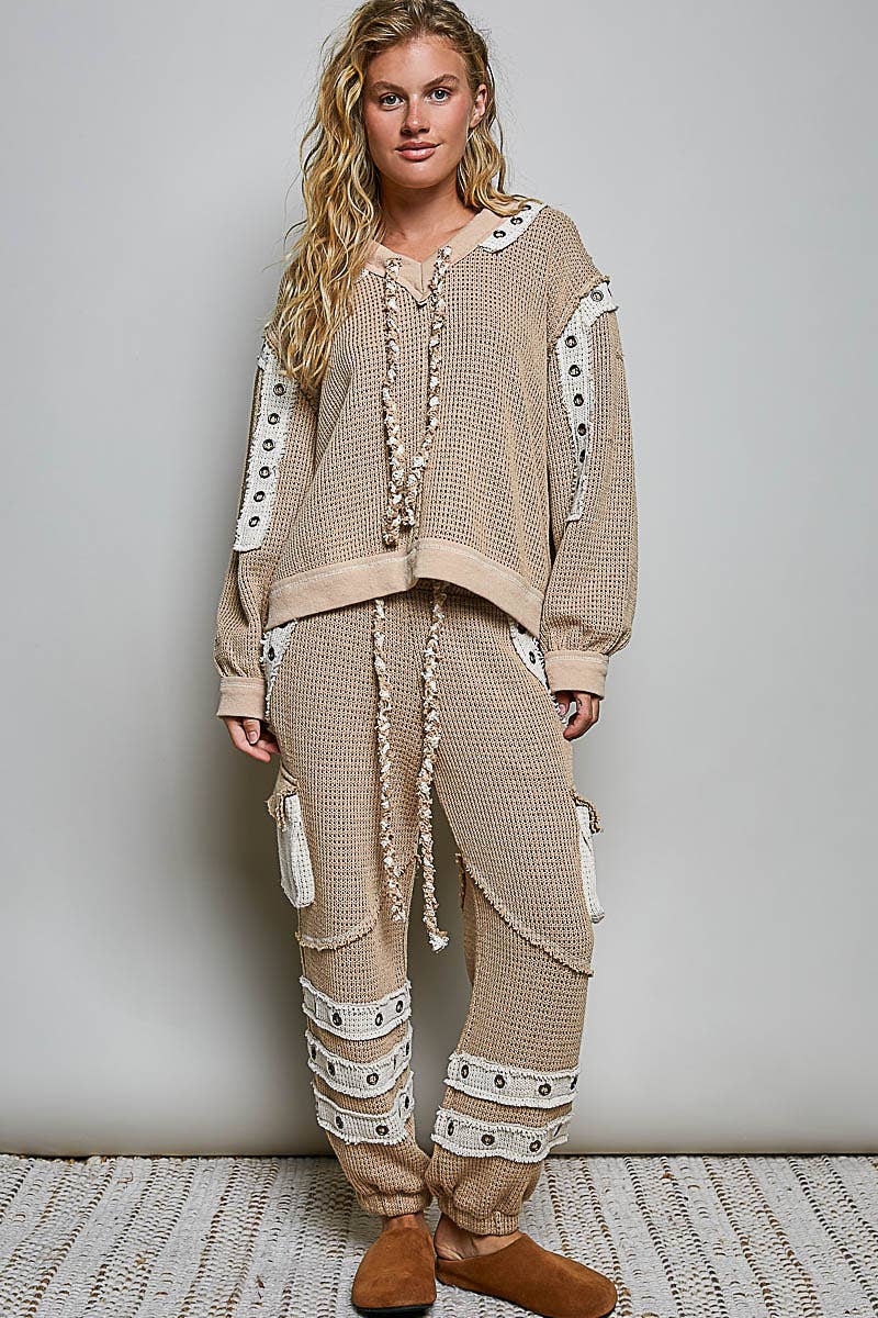Solid Eyelet Stud Contrast Color Blocked Patch Knit Top