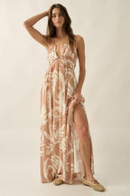 Tropical-Print Crepe Tie-Back Halter Pocket Maxi Dress