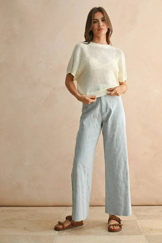 Floral Stitch Pattern Denim Pants