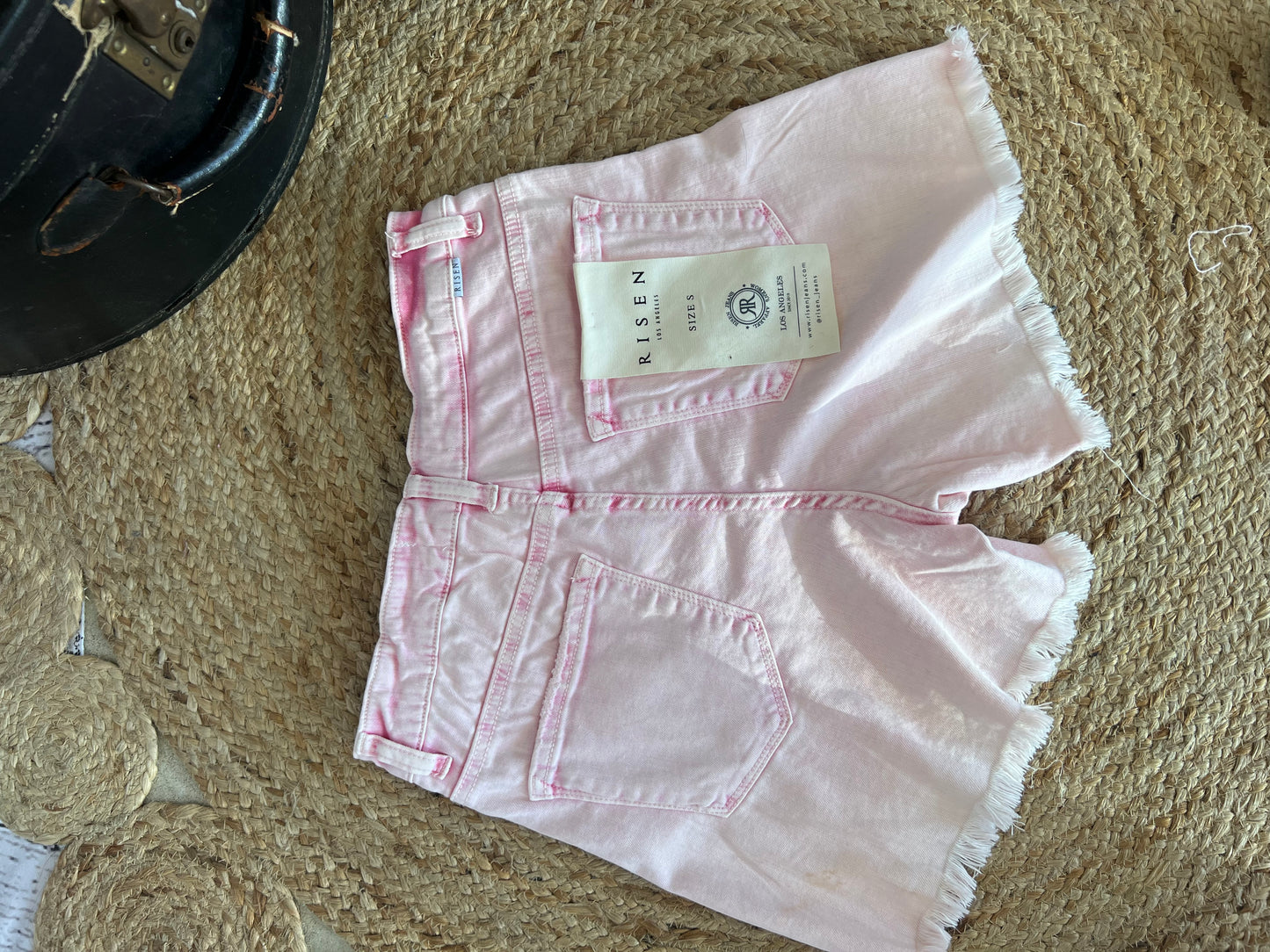 Risen Pink acid washed denim shorts