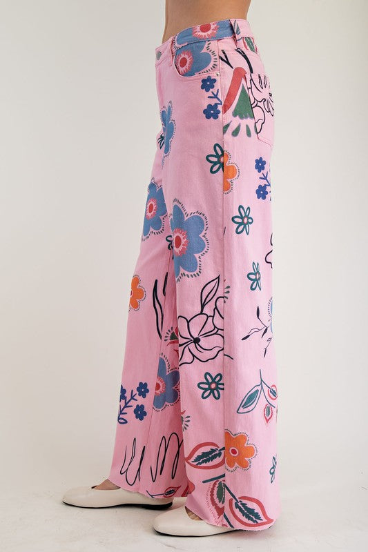 Floral Printed Twill Wide Leg Pants-Pink
