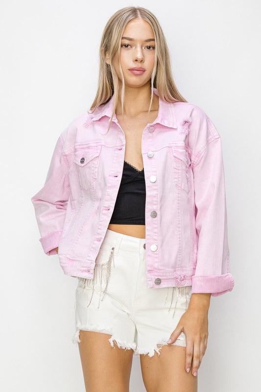 Risen Pink Acid Washed Denim Jacket