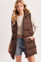 HOODED ZIPPER DOWN LONGLINE PUFFER VEST